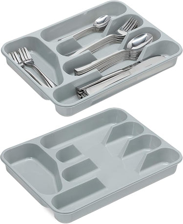 Relaxdays Pack de 2 Cuberteros, Organizador Cubiertos Cajón, Bandeja con 5 Compartimentos, Plástico, 4x25x33 cm, Gris
